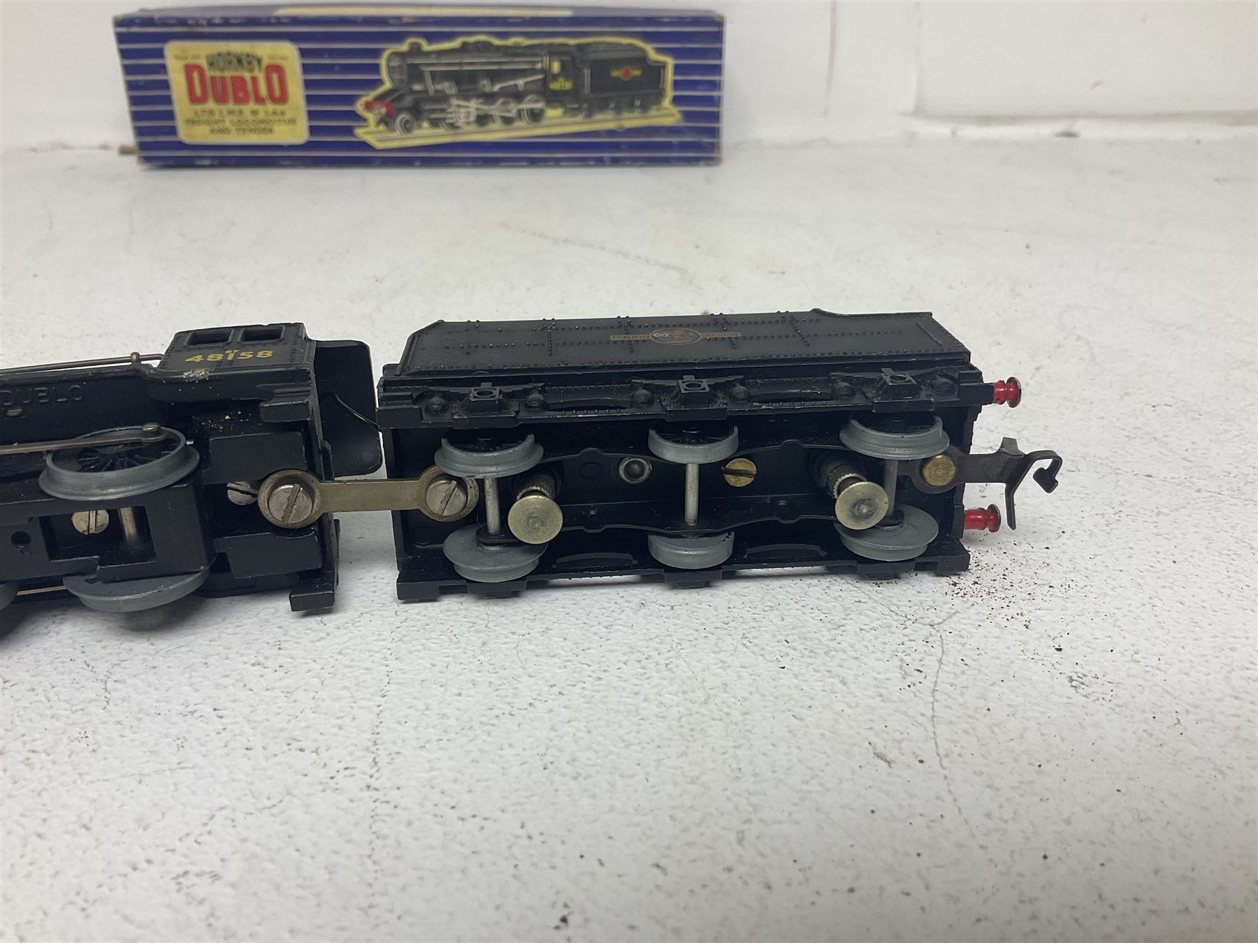 Hornby Dublo - 3-rail Class 8F 2-8-0 freight locomotive no.48158 with tender, Duchess Class 4-6-2 ‘Duchess of Montrose’ locomotive no.46232, Class 4MT Standard Tank 2-6-4 locomotive no.80054, all in original boxes; and Class N2 0-6-2 Tank locomotive no.69567, without box (4) 