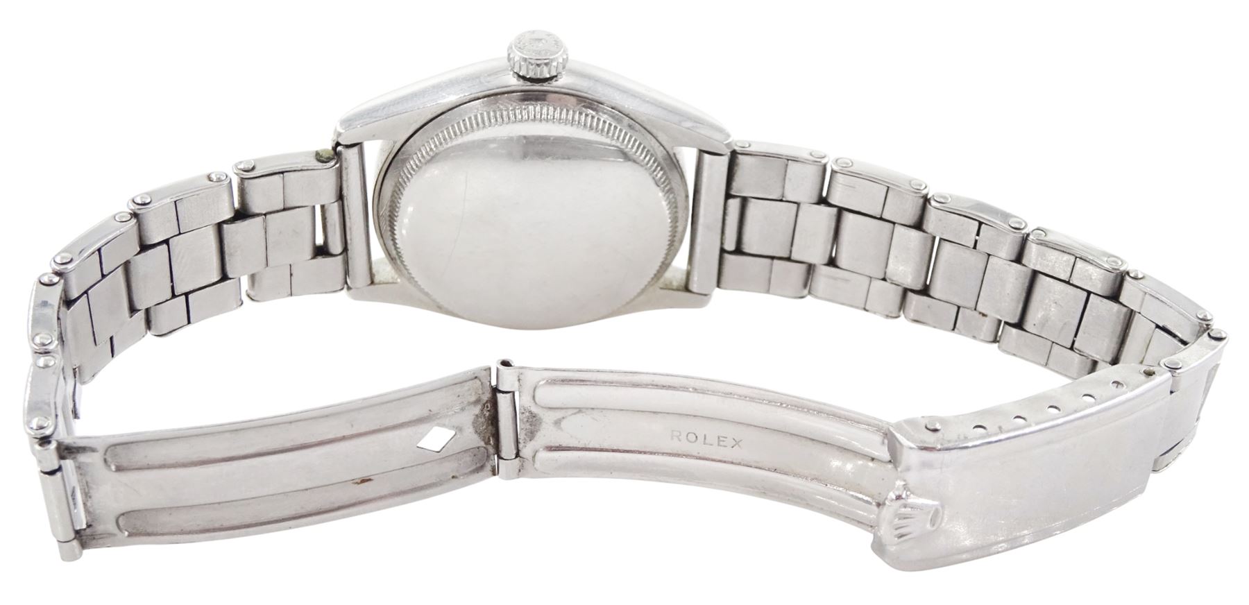 Rolex Oyster Perpetual gentleman's stainless steel automatic wristwatch, Ref. 6107, serial No. 804478, cream dial with dagger hour marks, on expanding Rolex bracelet, with fold-over clasp, with papers dated 1953 / 54