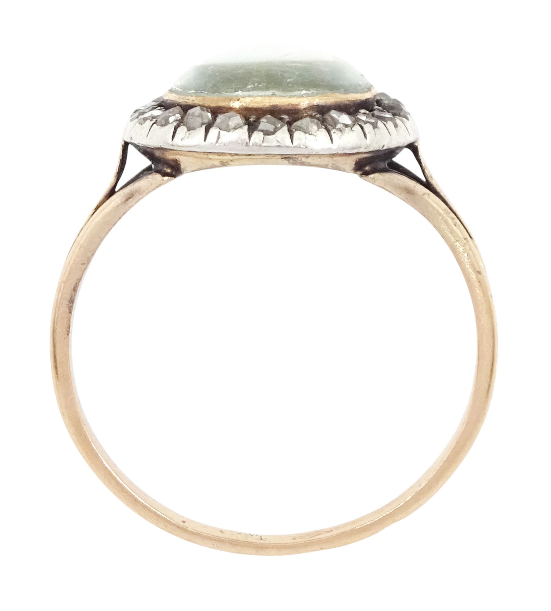 19th century French 18ct gold and silver diamond portrait ring, set with an oval miniature of a woman in 18th century dress on ivory, under a glazed panel, with rose cut diamond surround and trifurcated shoulders, hallmarked. This lot has been registered for sale under Section 10 of the APHA Ivory Act