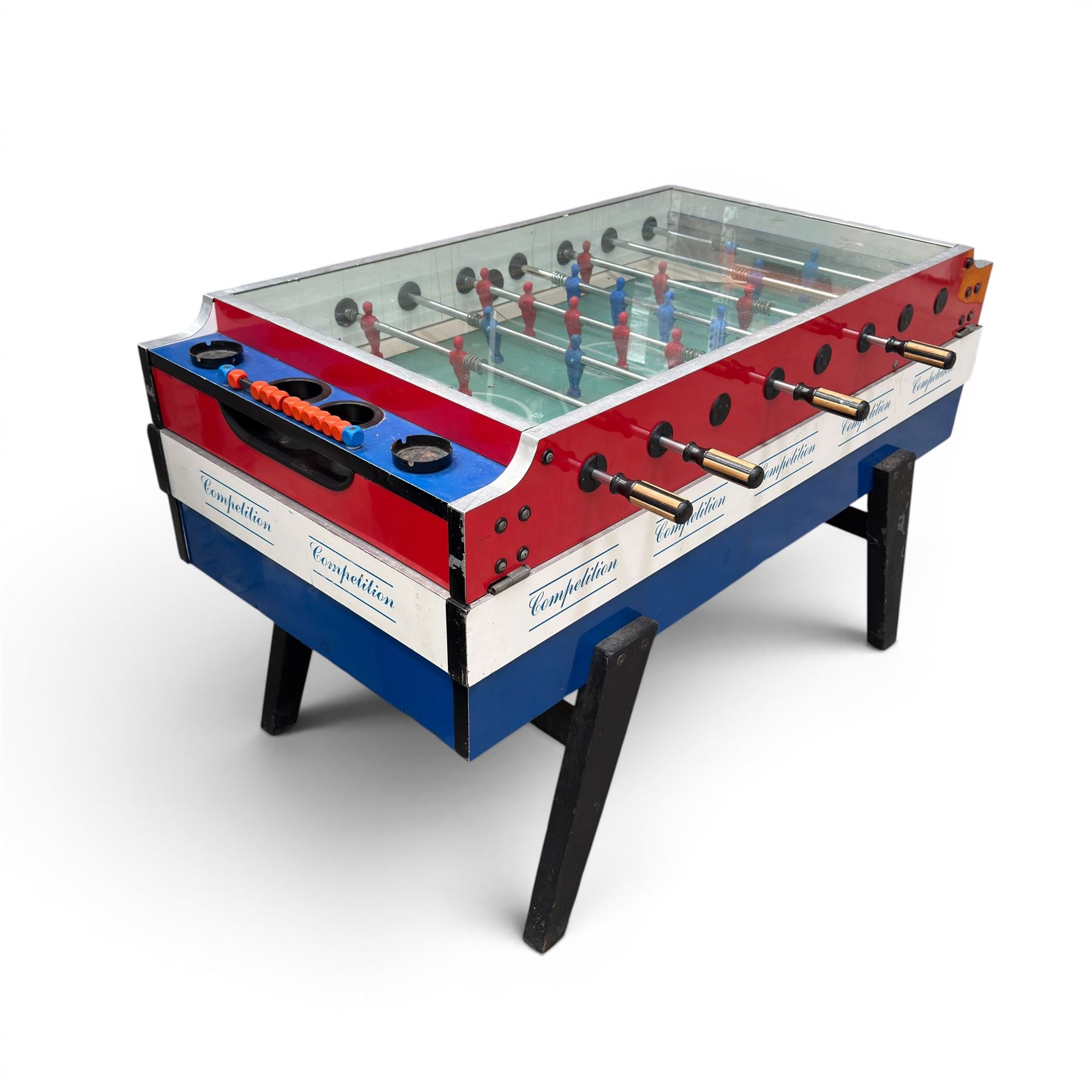 Garlando - vintage coin operated table football, tempered glass top, in red blue and white painted finish with 'Competition'  stencils, complete with ashtrays and score-trackers