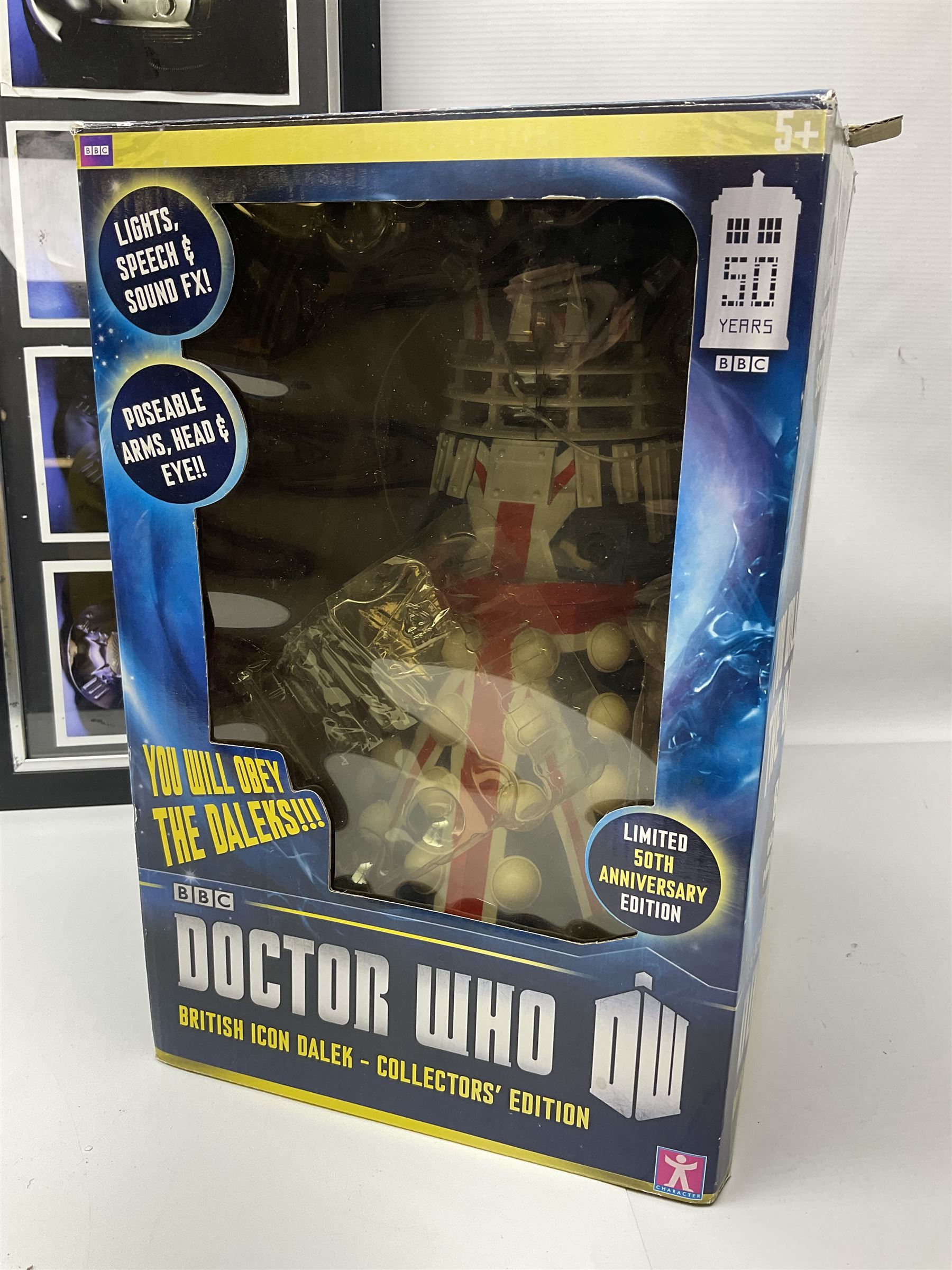 Doctor Who collectables to include ‘British Icon Dalek’ limited 50th anniversary edition in original box, collectors cookie jar, Dalek and Tardis related figures, sonic screwdrivers, small quantity of stamps, framed prints, books etc 