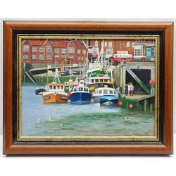 Richard Wood (British 20th century): Scarborough Harbour, oil on board signed and dated '95, 29cm x 40cm