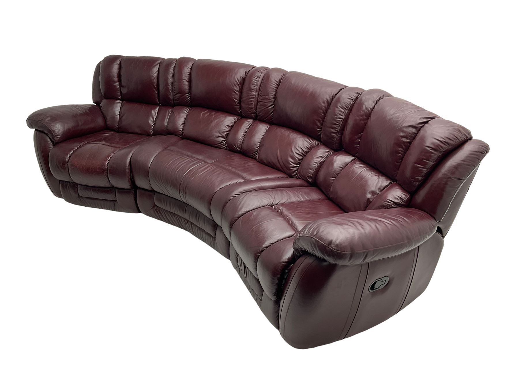 La-Z-boy - large three seat curved sofa, fitted with with end recliners, upholstered in maroon leather