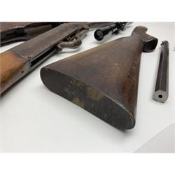 Assorted rifle and pistol spares; early Gem air rifle with sawn off barrel (piece present); telescopic sight; canvas/leather ammunition pouch; Mauser stock; barrel browning solution etc