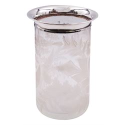 Modern silver mounted cut glass ships decanter, the silver collar hallmarked Charles S Green & Co Ltd, Birmingham 1976, H26.5cm, together with a modern silver mounted glass vase, of slightly tapering cylindrical form etched with ferns and fronds, the silver collar hallmarked London 2001, makers mark W W, H19cm, (2)