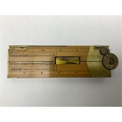 Late 19th/early 20th century boxwood and brass clinometer rule by Stanley, with inset magnetic compass, screw action protractor hinge divided to one degree with rise in inches per yard scale under, spirit level to one edge, marked 'W.F. Stanley Great Turnstile Holborn' with tables of distances, angles and thickness H16cm closed: in original leather covered case with instructions