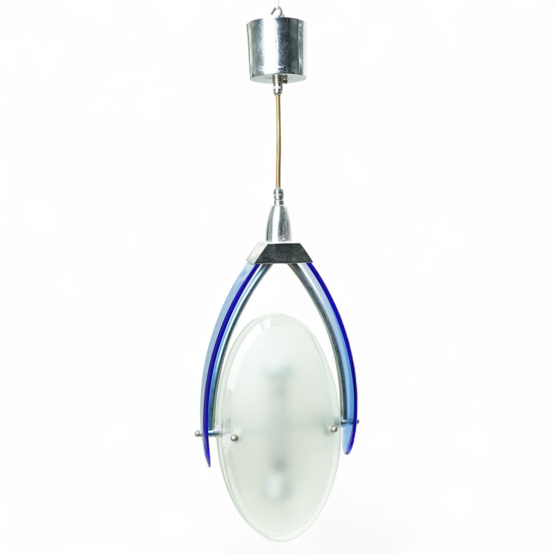 Attrib. Max Ingrand for Fontana Arte - mid-20th century chromium ceiling light with tilting frosted glass double shade within blue glass frame overall height 65cm