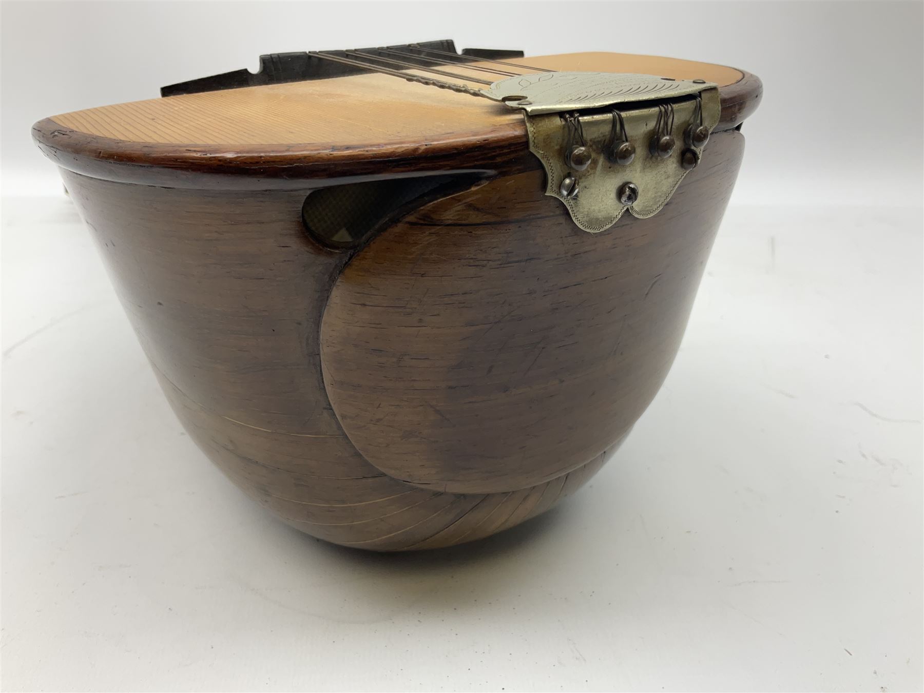 Italian mandolin, with foliate inlaid scratchplate, paper label inscribed 'Carlo Loveri & Figlio of Napoli', L62cm