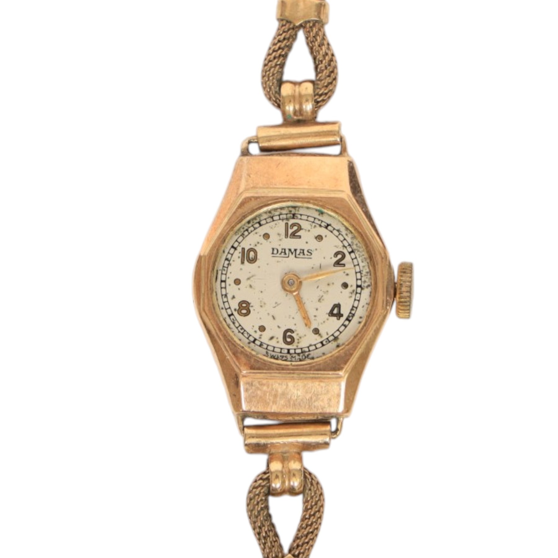 Collection of 9ct gold wristwatch cases, three with movements, one with 9ct gold bracelet strap