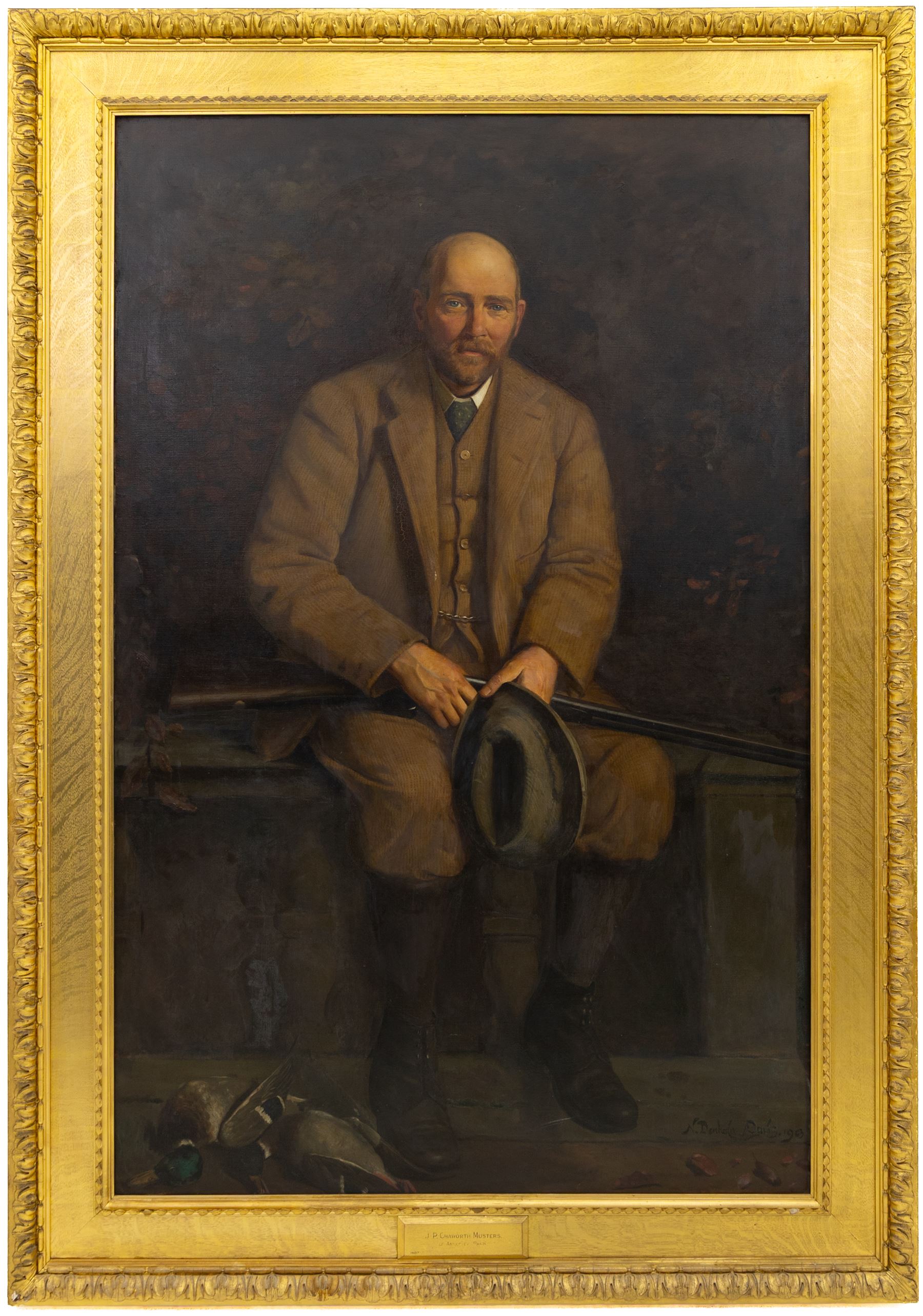 Noel Denholm Davis (British 1876-1950): Portrait of 'Mr J.P. Chaworth Musters' - John Patricius Chaworth Musters (1860-1921) of Annesley Park, oil on canvas signed and dated 1903, titled on plaque 172cm x 111cm