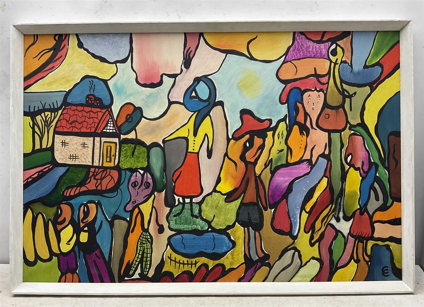 Christine Gloria Cox (Scarborough 1942-2014): Surreal Portraits, acrylic on board, one signed with monogram and with partial exhibition label verso max 62cm x 92cm (2)