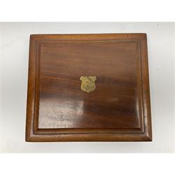 Victorian silver plated dessert set by Elkington & Co for twelve place settings, each reeded handle with vacant cartouche, each with Elkington & Co mark, date letter for 1861, and registration lozenge, contained within a mahogany case with vacant brass cartouche to the hinged cover, opening to reveal a Royal blue baize lined interior with removable tray, case H6cm W29.5cm D26.5cm