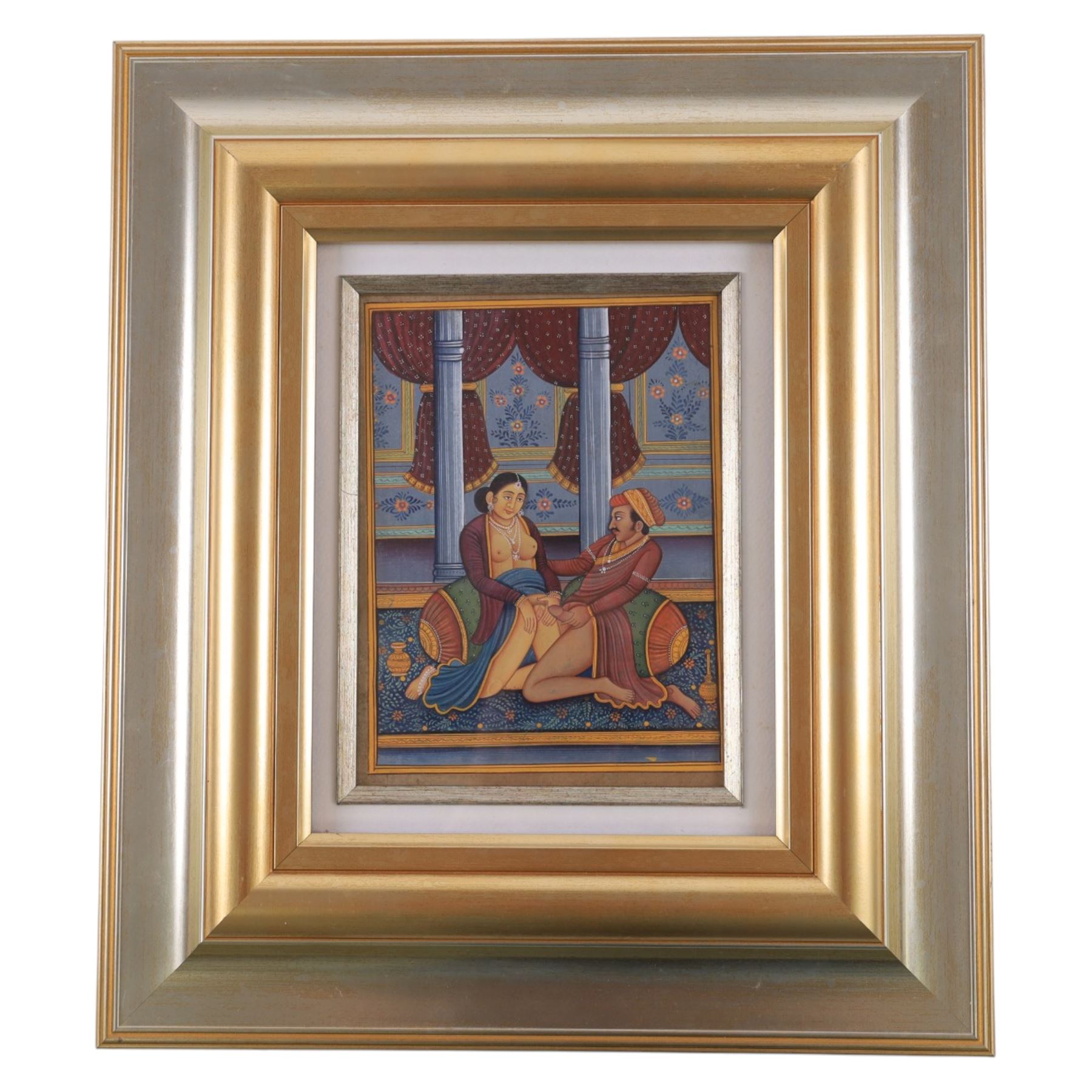 Moghul School (19th/20th century): Erotic scenes, pair watercolours unsigned 19cm x 13.5cm; Japanese School (19th/20th century): Lady's Bath House, woodcut print 13cm x 19cm (3)