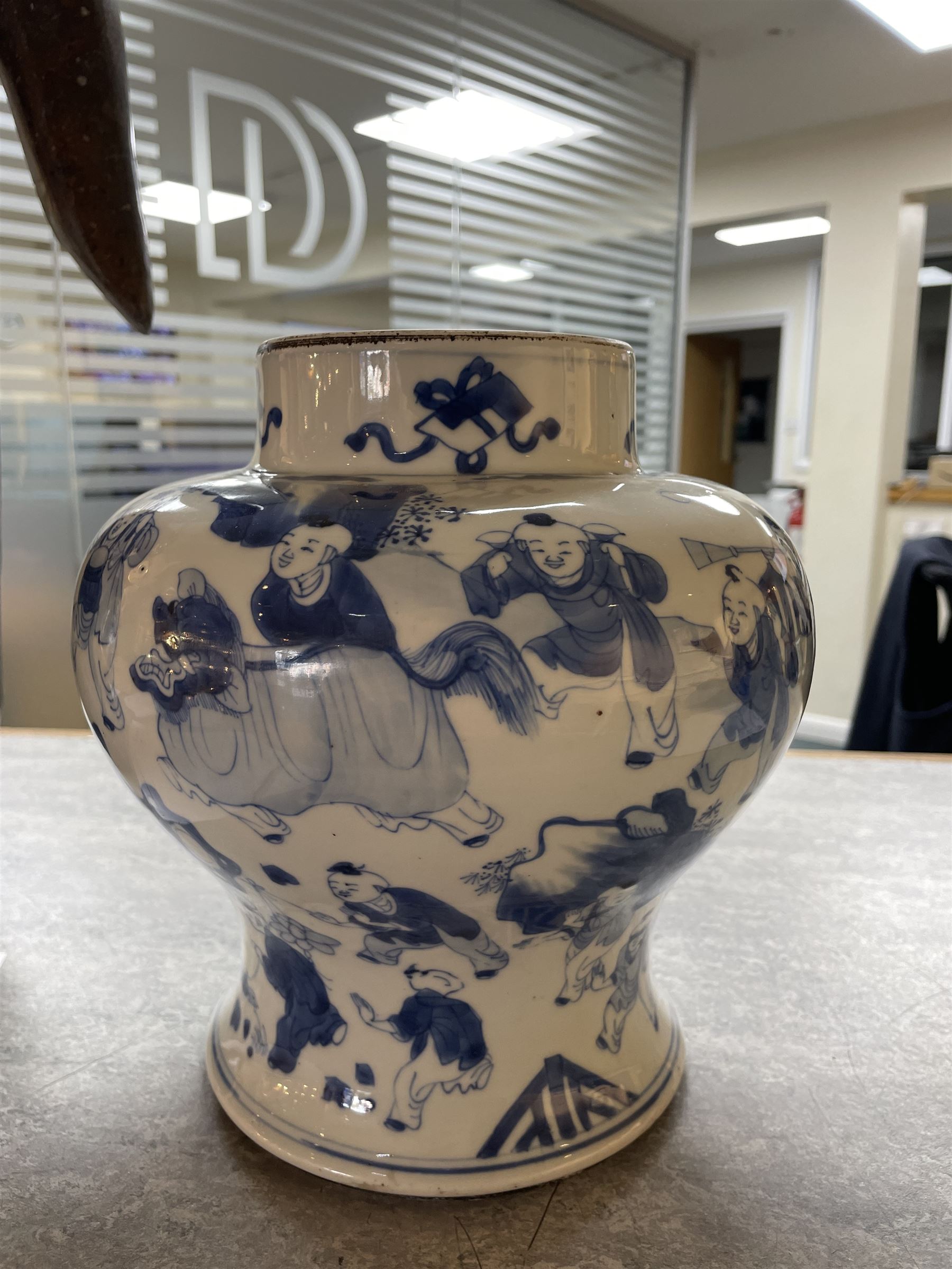 19th century Chinese blue and white jar, of pronounced baluster form, decorated in the Hundred Boys design, with numerous children at play, H23cm

The hundred boys design was a popular theme in Chinese Art employed from the Song period onwards. It expresses the desire to continue the family through male heirs and the performance of filial duties