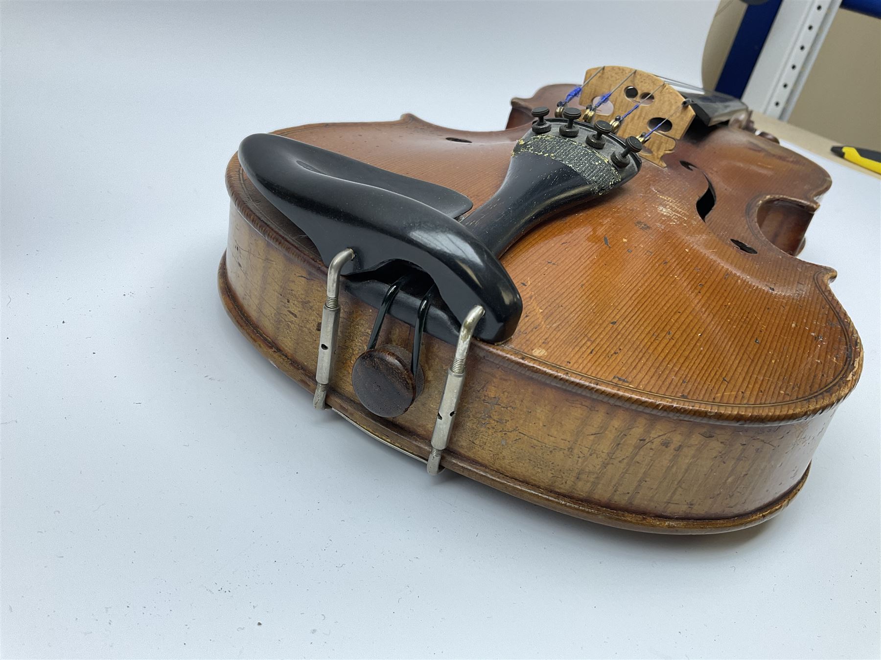 French Mirecourt violin c1920s with 36cm one-piece maple back and ribs and spruce top, labelled Jermone Thibouville-Lamy, L59cm, in fitted carrying case with German bow and 1984 valuation certificate by Frome Valley Music