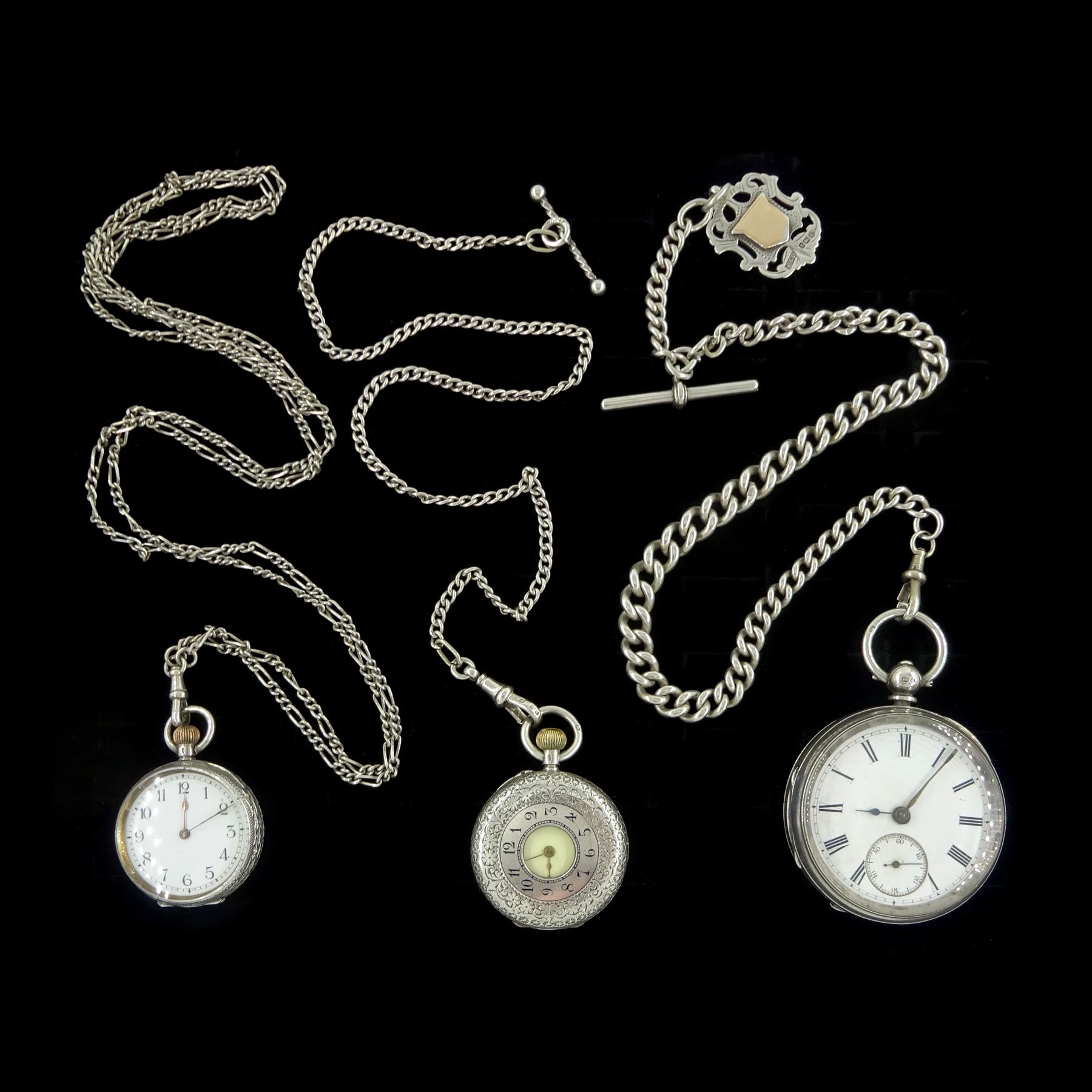 Victorian silver open face lever pocket watch by A Mears & Co, Camden Town, case by English Watch Company, Birmingham 1893, two smaller fob watches, all on Victorian and later silver watch chains
