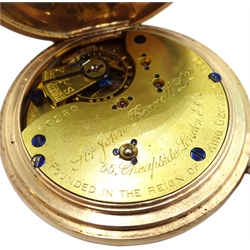  Early 20th century 9ct gold full hunter pocket watch by Sir John Bennett Ltd, No.40280, top wound, inner dust cover inscribed Presented to W.Gibson by J.Halden & Co... in recognition of 26 years service...', London 1923, cased  Notes: W.Gibson was director of J Halden Scientific instrument makers in Redditch   