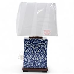 Pair of Ralph Lauren blue and white table lamps, with shades, H41cm