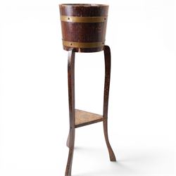 R A Lister & Co Ltd - early 20th century brass bound coopered bucket on stand, H91cm 
