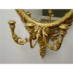 Ornate oval gilt frame Girandole mirror, three candle branches W55cm, H100cm  