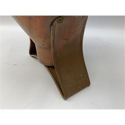 Agricultural copper corn funnel, H32.5cm, another similar copper funnel and copper warming platter of oval form, with twin handles on four supports, with removeable warming plate, L49cm