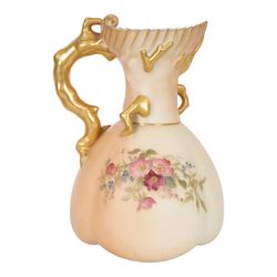 Royal Worcester blush ivory quatrelobe coral jug, decorated with floral sprigs shape 1507 together with two jugs with a shell moulded rim and decorated with flowers, shape 1229, all with puce marks beneath, quatrelobe jug H22cm 