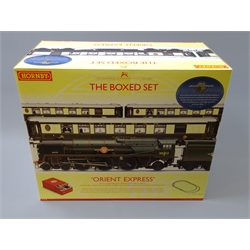 Hornby 'OO' gauge Merchant Navy 'Orient Express' premier box set, comprising BR green 4-6-2 United States Line locomotive No.35012, three Pullman coaches 'Ibis', 'Cygnus' and 'Minerva'. double circuit of track and points, all unopened, in original red storage chest, boxed with some outer packaging   