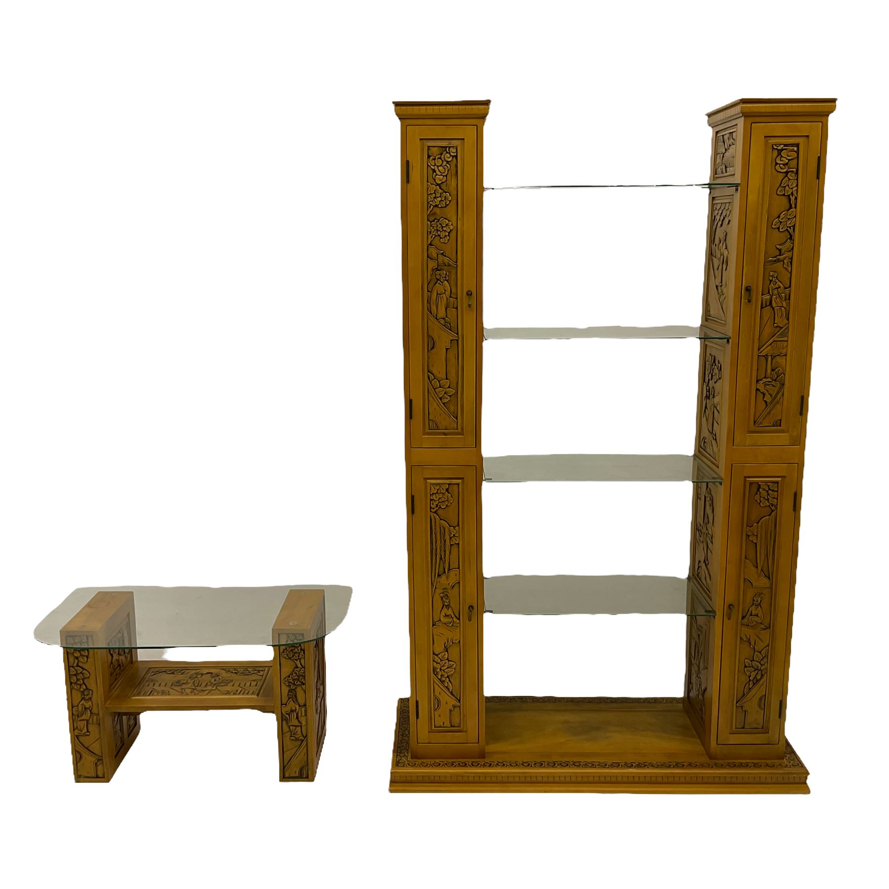 Chinese style tall Hi-Fi unit with four glass shelves, and matching glass topped coffee table