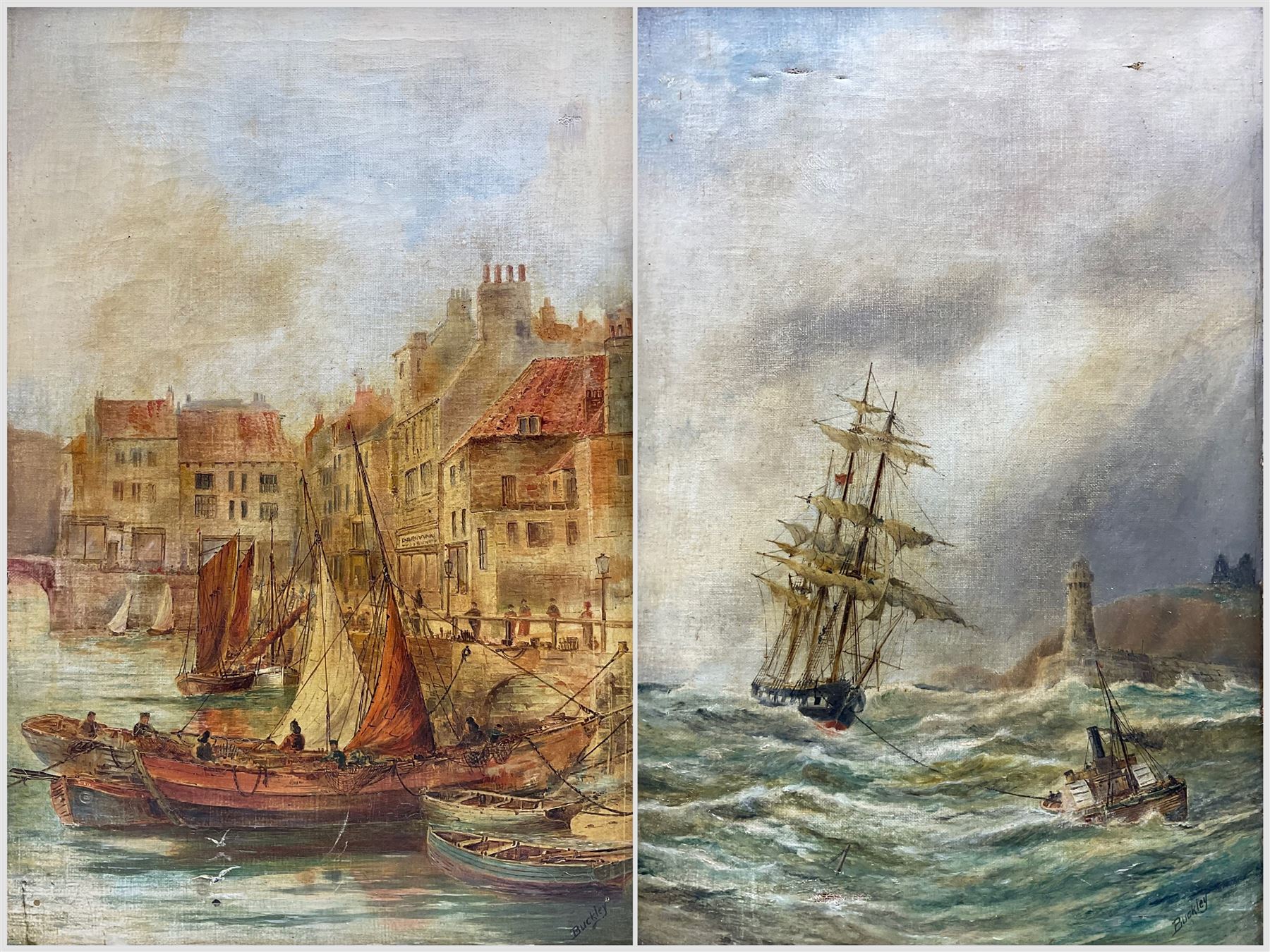 Buckley (British 19th Century): 'Fish Quay Whitby' and 'Whitby Harbour', pair oils on canvas signed, titled verso 45cm x 30cm (2)