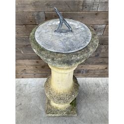 Victorian design cast stone sun dial, circular column with lead NESW plate