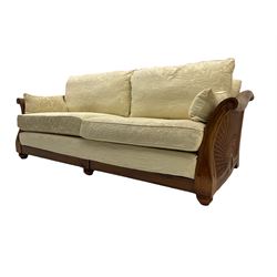 Multi-York - Hardwood framed bergère lounge suite, three seat sofa (W204cm), and pair matching armchairs (W90cm), upholstered in cream floral pattern fabric 