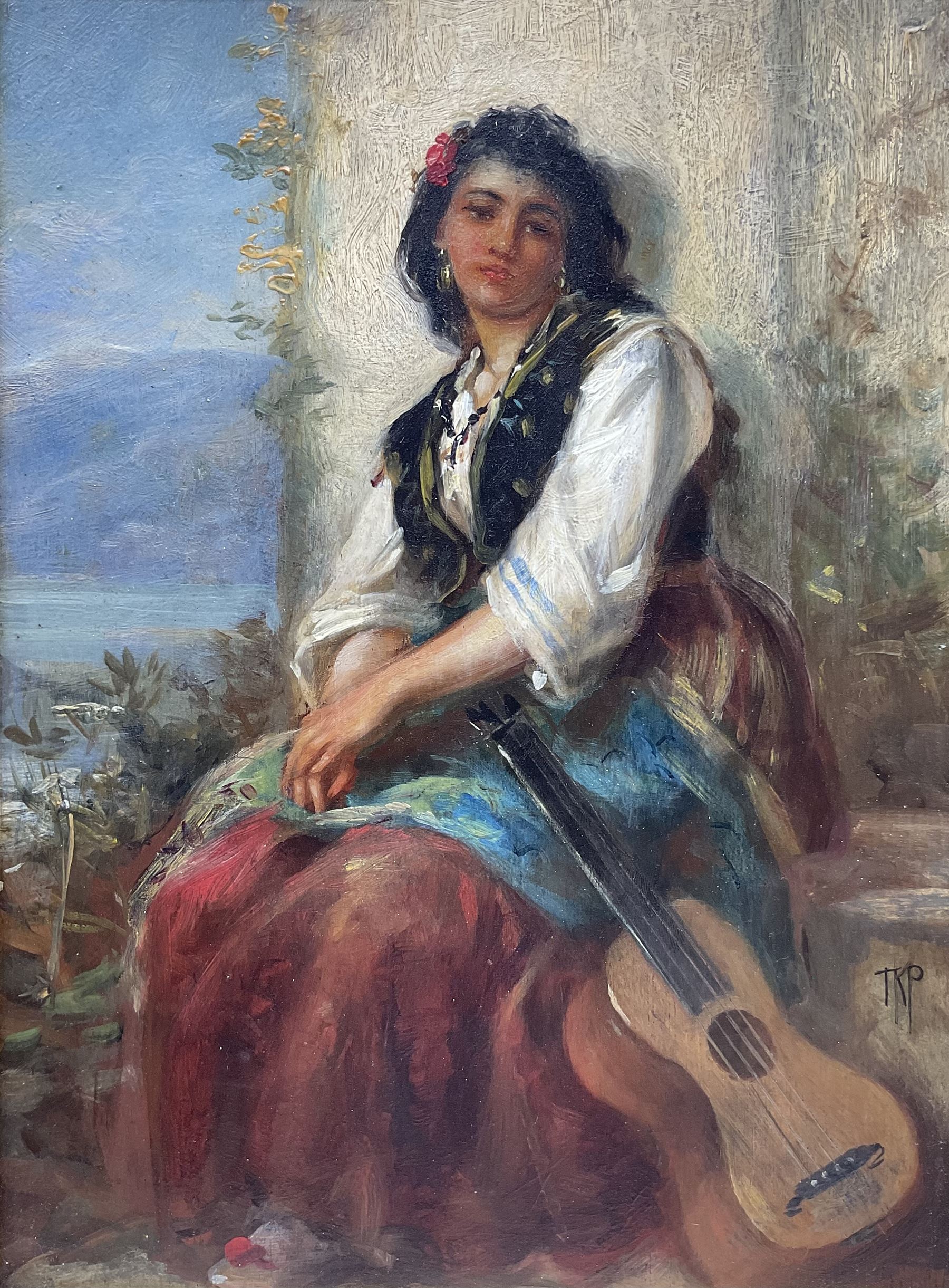 Thomas Kent Pelham (British fl.1860-1891): Young Spanish Lady with Guitar, oil on mahogany panel signed with initials, further signed and dated 1889 verso 24cm x 18cm