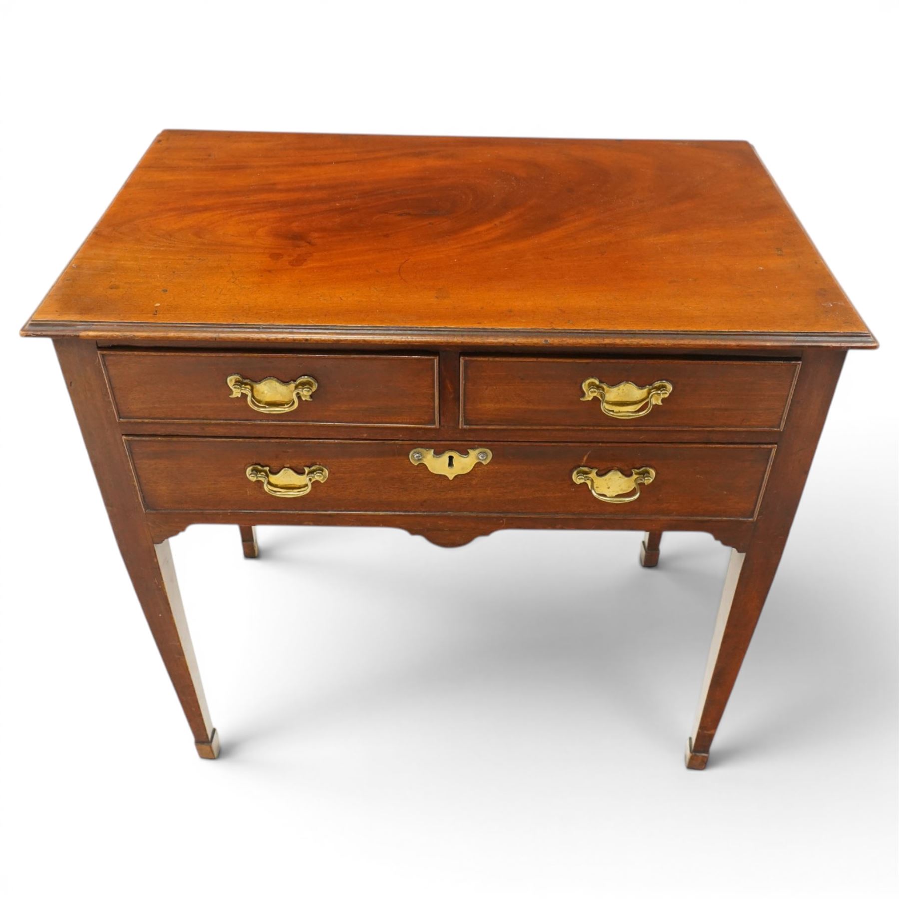 19th century mahogany lowboy, rectangular top with moulded edge over three cockbeaded drawers with brass handle plates, on square tapering supports