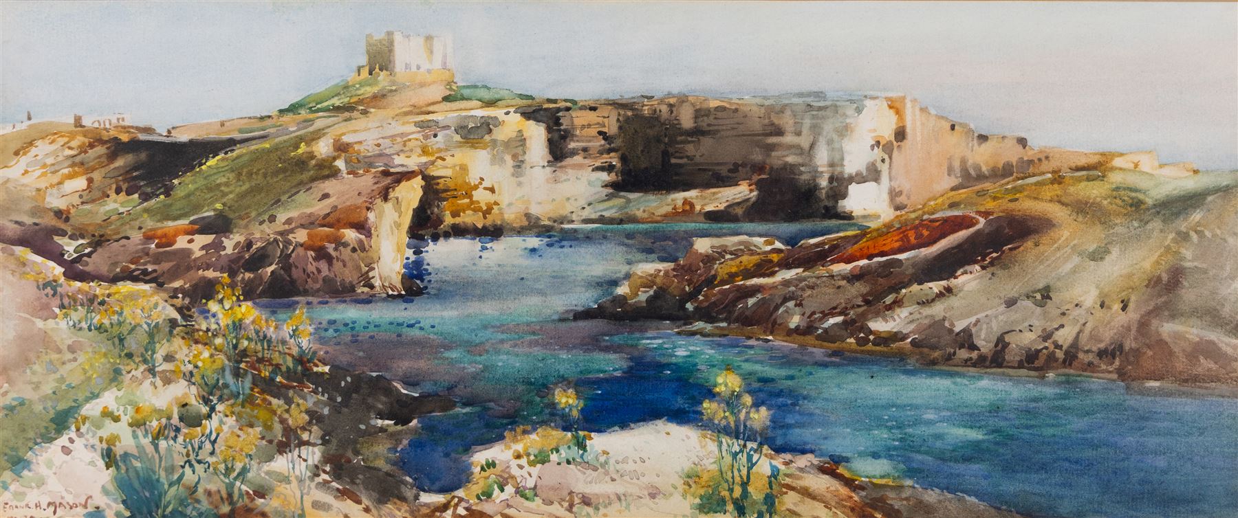 Frank Henry Mason (Staithes Group 1875-1965): 'Comino Island - Malta', watercolour signed and titled, further titled and dated c.1918-1919 on exhibition label verso 19cm x 46cm
Notes: this watercolour was possibly painted slightly later than Sliema Creek and it is one of a group of views in and around Malta, which Mason painted c.1918-1919. Others, which featured naval craft in Valetta harbour, were reproduced in the London Illustrated News in November 1919 but Mason here chooses to show no images of Malta at War.