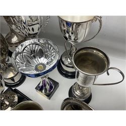 Collection of silver plated and metal trophy cups and winners plaques, all relating to the Burniston and District Show, most engraved with competitions and winner's names, in three boxes 