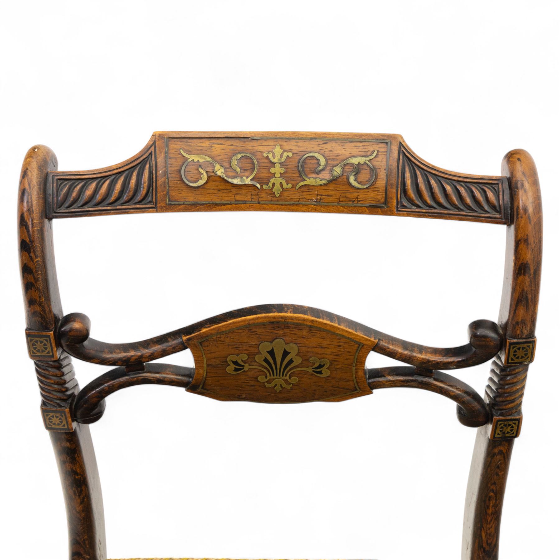 William IV X-frame rosewood stool with upholstered drop-in seat and a Regency simulated rosewood and brass inlaid dining chair with drop-in seat worked in floral needlepoint, W43xD43xH43cm & W46xD40xH79, (2)