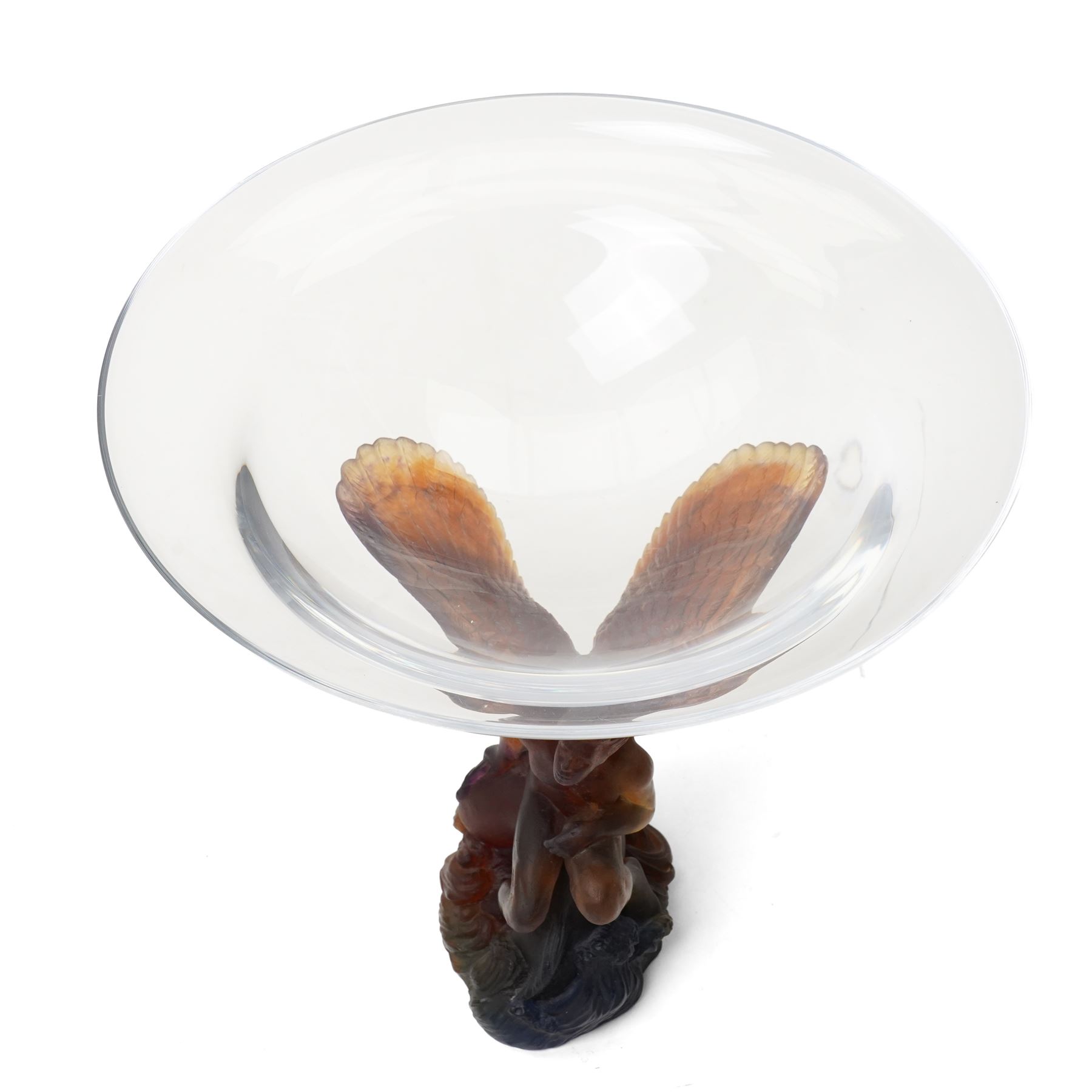 Daum 'Kneeling Angel', glass bowl held aloft by a pate de verre figure, incised Daum France, boxed, H28cm 