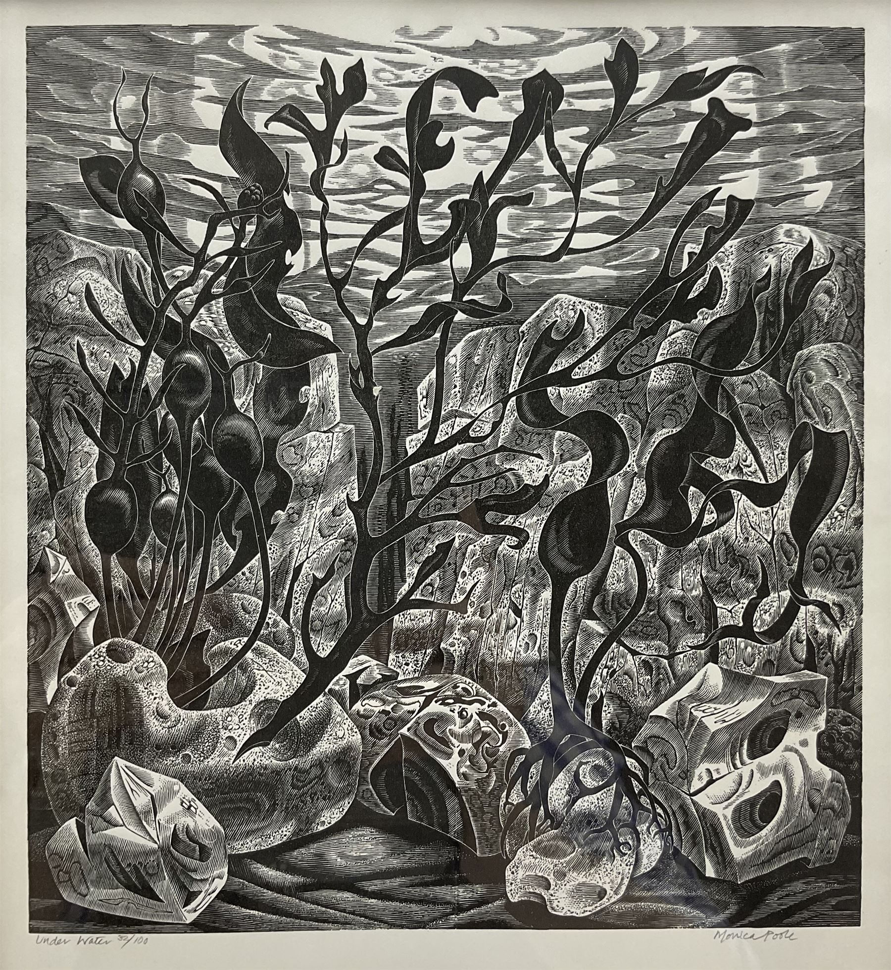 Monica Poole (British 1921-2003): 'Under Water', wood engraving signed and numbered 32/100 in pencil 23cm x 21cm