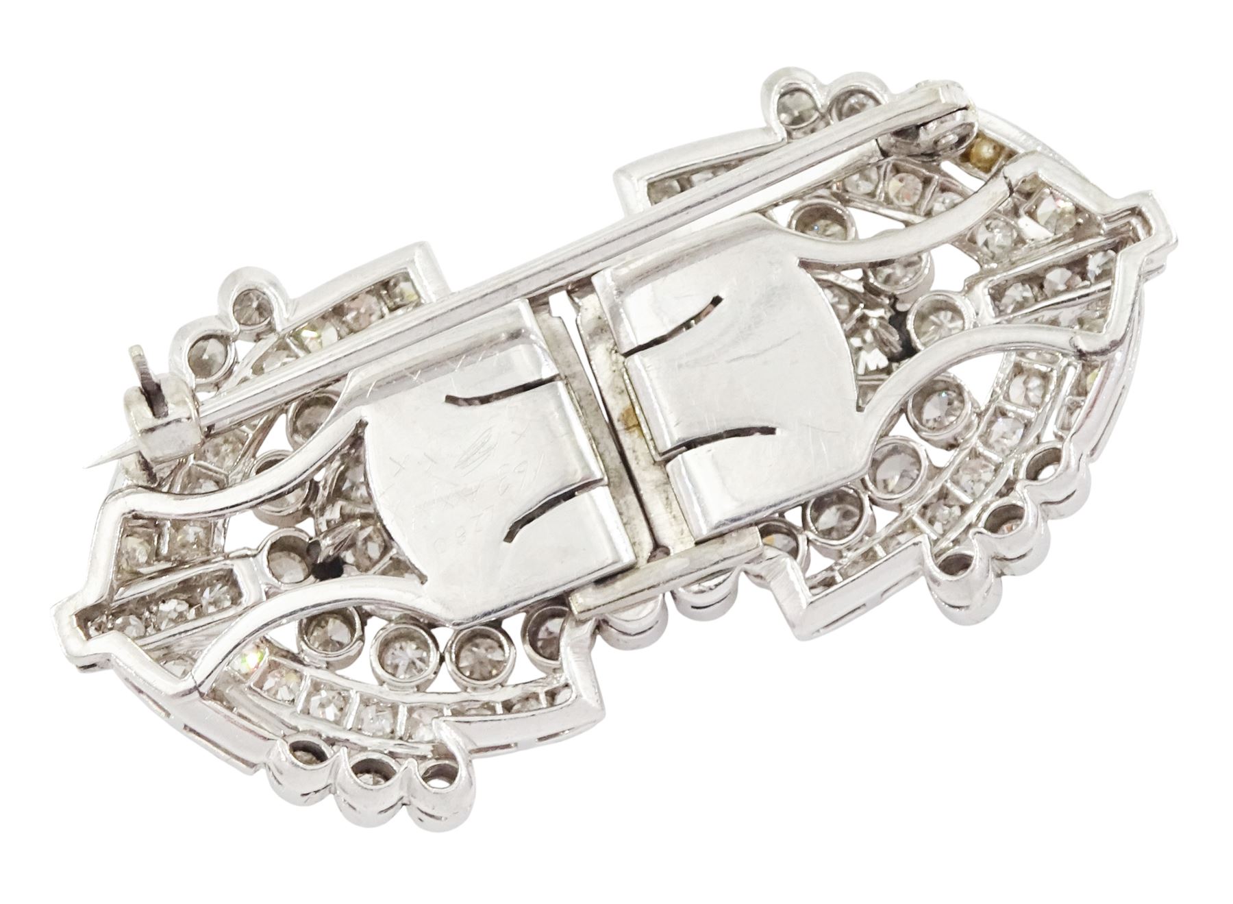 Early - mid 20th century platinum diamond brooch / hair clips, each clip set with round and baguette cut diamonds, in an openwork setting, joined by a 9ct white gold detachable brooch, total diamond weight approx 2.35 carat