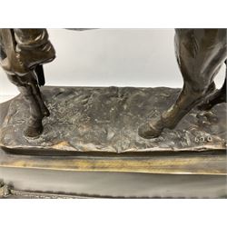 Large and impressive bronze figure of Wellington seated on a horse, on a sarcophogus shaped stepped base impressed 'Meunier Paris', the canted corners inset with battle trophies H68cm L50cm D22cm