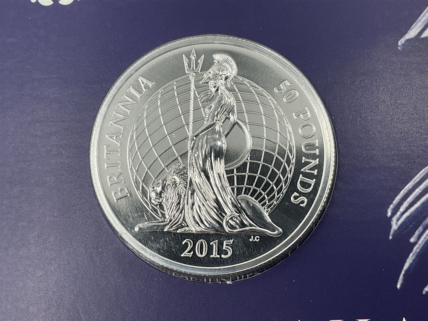 The Royal Mint United Kingdom 2015 fine silver fifty pound Britannia coin, on card