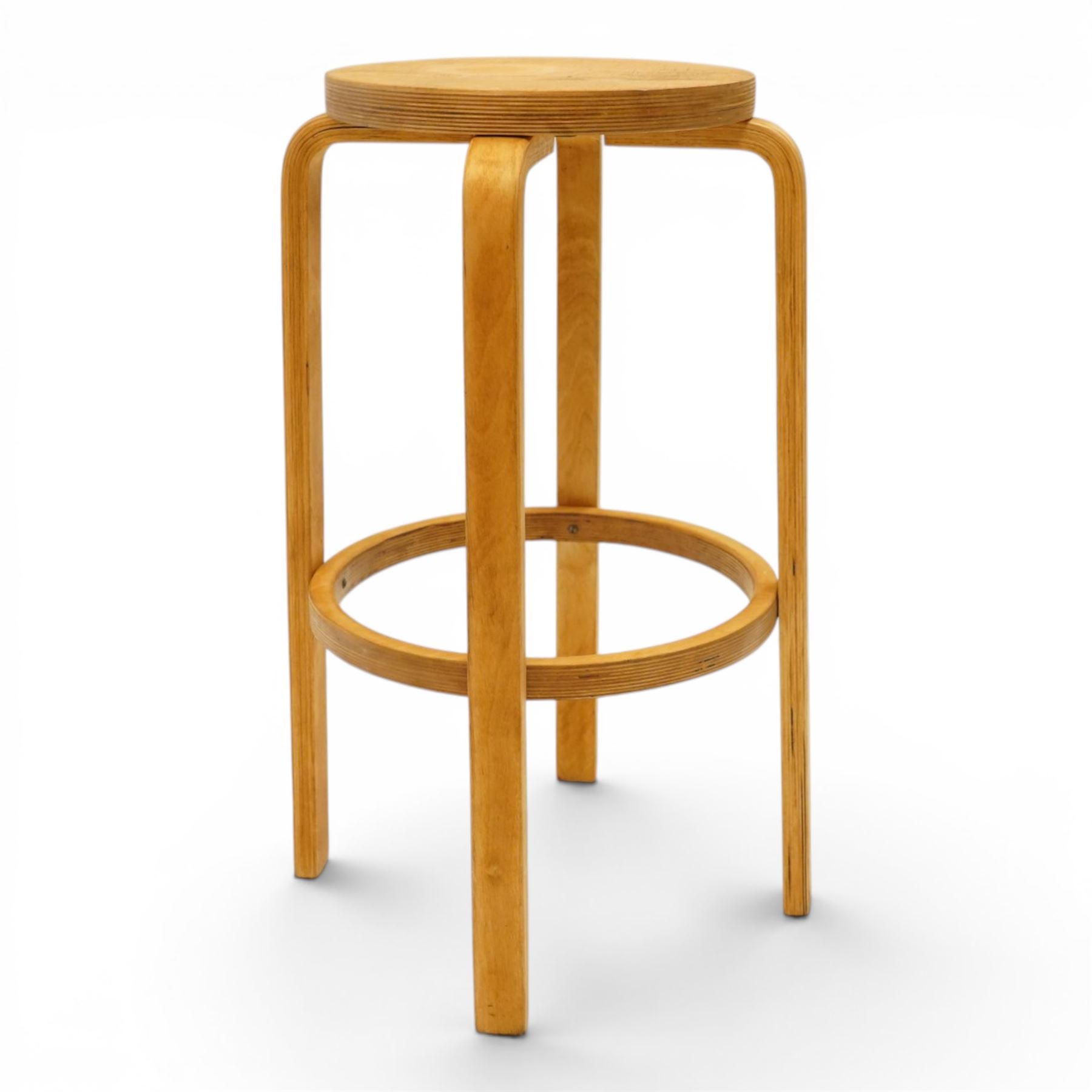 Mid 20th century bentwood stool in the manner of Alvar Aalto, circular top with bentwood frame, united by a circular stretcher 
