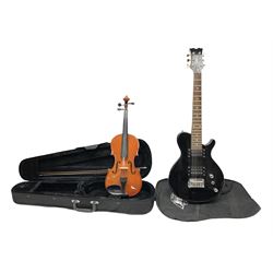 Dean small or child's size electric guitar in black, serial no.O09121956 L85cm; in gig bag; and modern student's violin with 35.5cm two-piece back in fitted carrying case with older bow (2)
