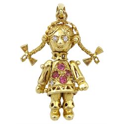 9ct gold stone set articulated ragdoll pendant, stamped 375