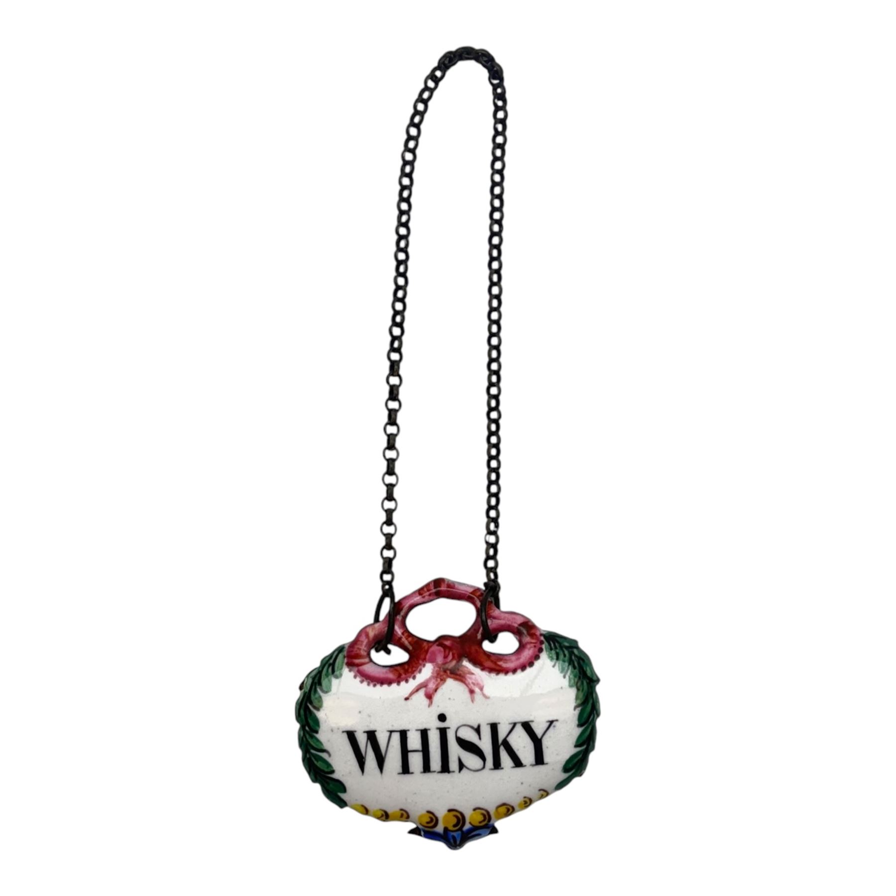 Seventeen mid 18th century and later enamel wine labels, one example of heart shaped form, the rest of cartouche and escutcheon form, various titles including Claret, Rum, Sloe Gin, Port, Whisky, Cowslip, Cherry-Brandy, etc., largest example W7cm 