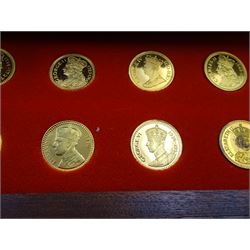 Danbury Mint, Our Royal Sovereigns Collection, seventy 22 carat gold plated silver medallions depicting the complete line of British monarchs to mark the 1200th anniversary of the first coronation, contained within wooden table top collectors cabinet with two drawers, with certificate of authenticity, with two drawers, hallmarked Danbury Mint, London various dates