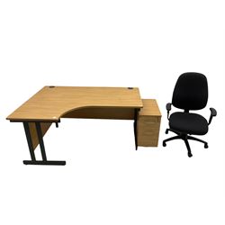 Light oak left hand corner office desk, with pedestal and swivel chair