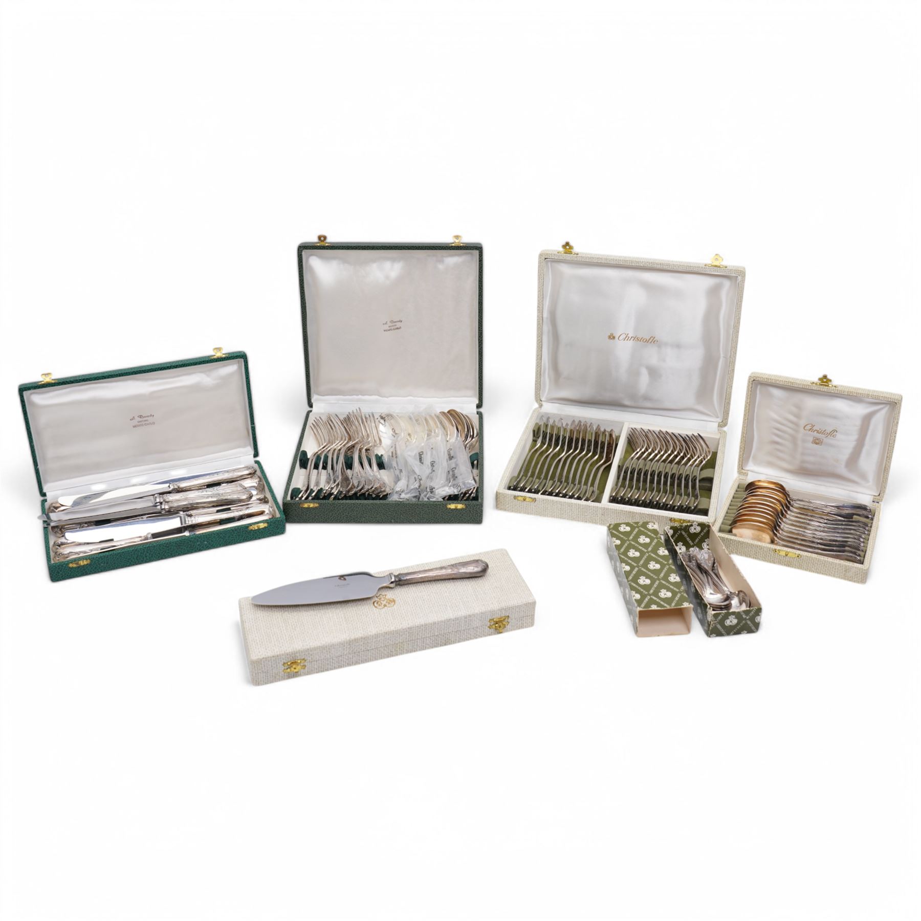 Set of Christofle  Marly pattern plated cutlery comprising twelve table forks, twelve table knives, twelve table spoons, twelve dessert spoons, ten teaspoons and a cake slice