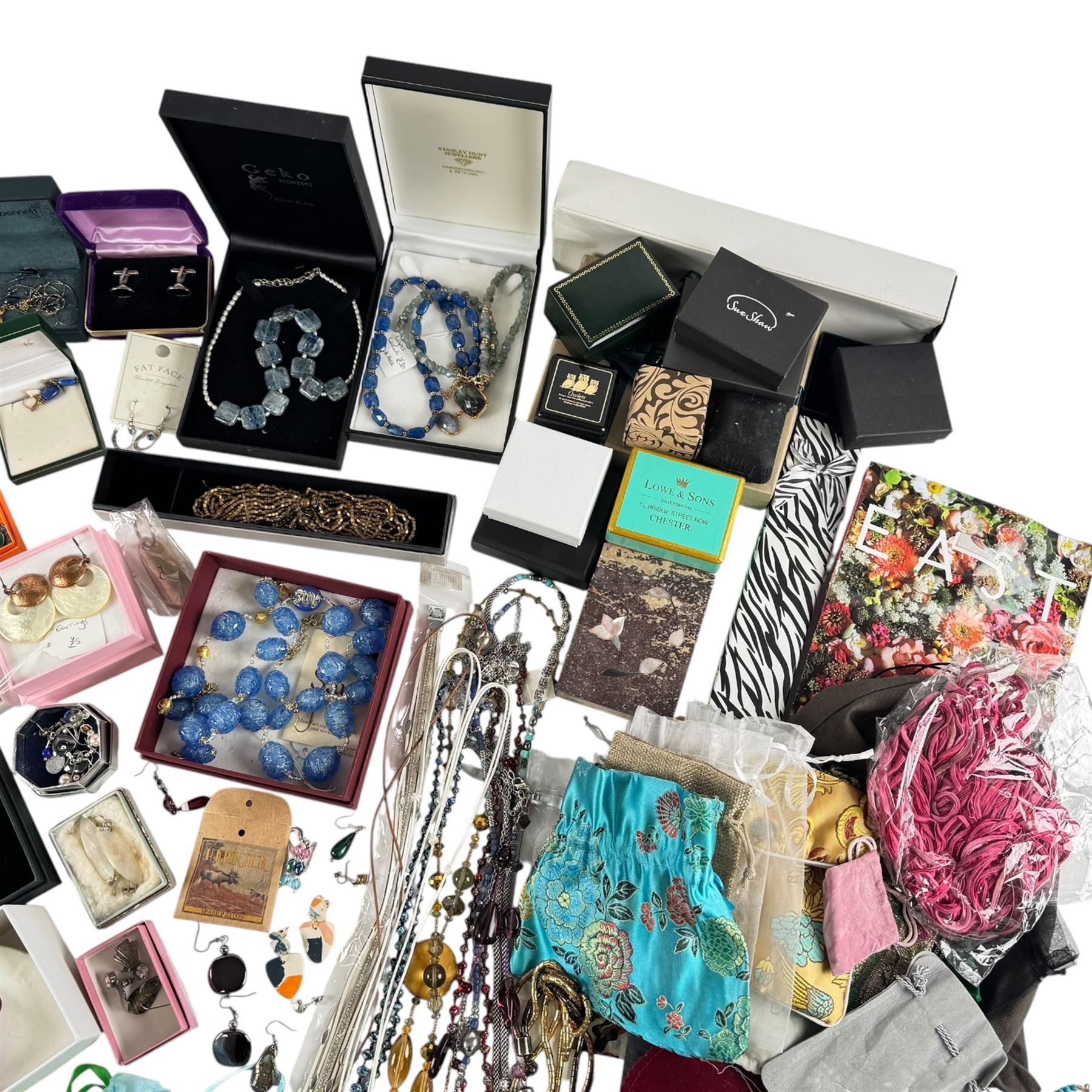 9ct gold stud, silver earrings and a collection of beaded necklaces, bracelets and other costume jewellery, Augarten Wien horse, etc