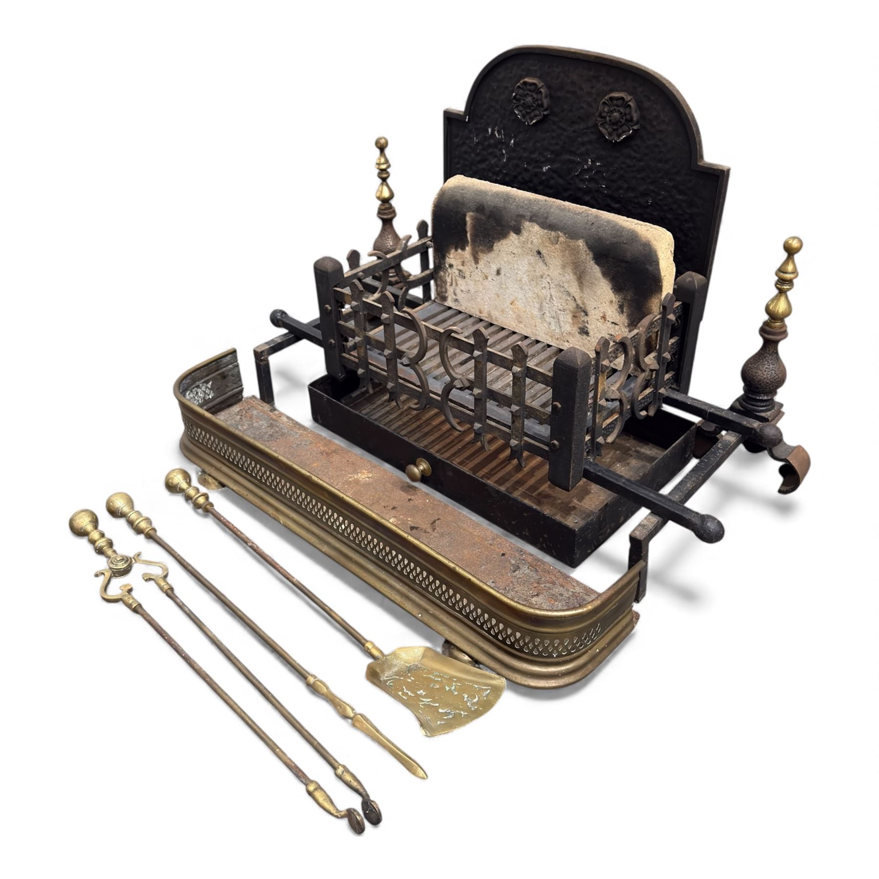 Victorian cast iron fire grate with Yorkshire Rose decoration, with guard and tools